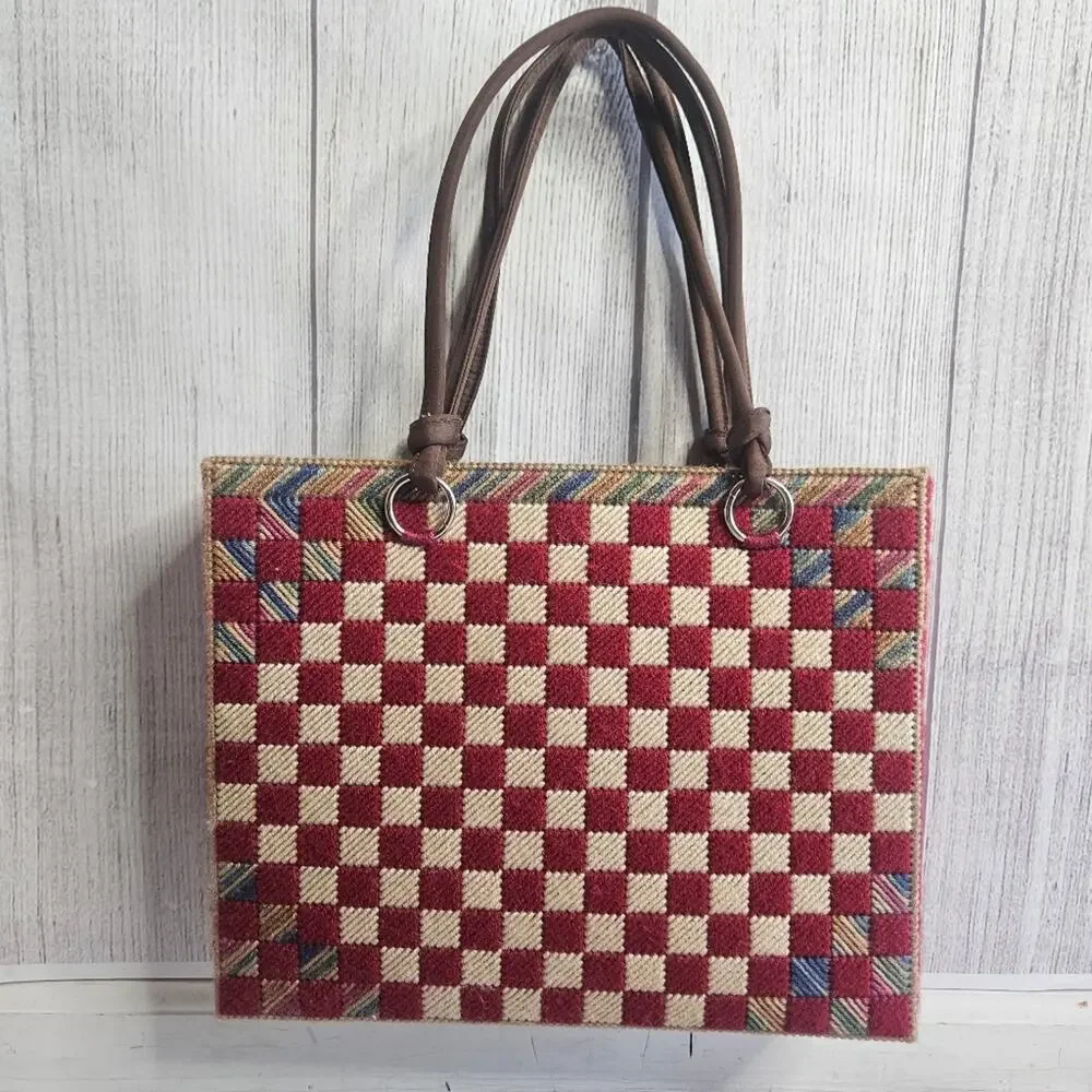 Vintage Handmade Kitschy Woven Yarn Crochet Plastic Tote, 13x10.5x3